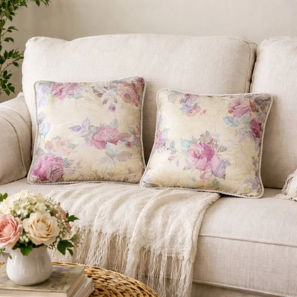 Floral Decorative Throw Pillow Set 2 Vintage Cottagecore Pastel Rope Trim 14x14